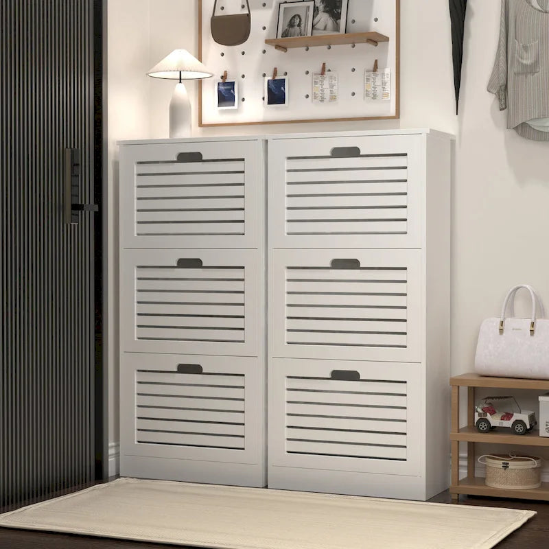 Zapatero de 3 niveles con puerta abatible y estantes ajustables, blanco