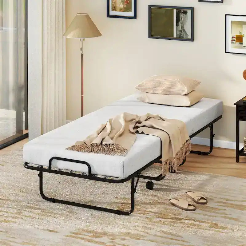 Cama Plegable con Ruedas y Colchón de Espuma Viscoelástica con Gel de 10 cm, Tamaño Cuna 74 x 31, Capacidad 220 kg
