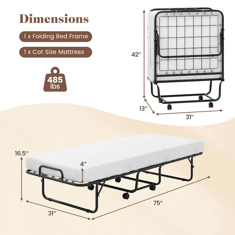Cama Plegable con Ruedas y Colchón de Espuma Viscoelástica con Gel de 10 cm, Tamaño Cuna 74 x 31, Capacidad 220 kg
