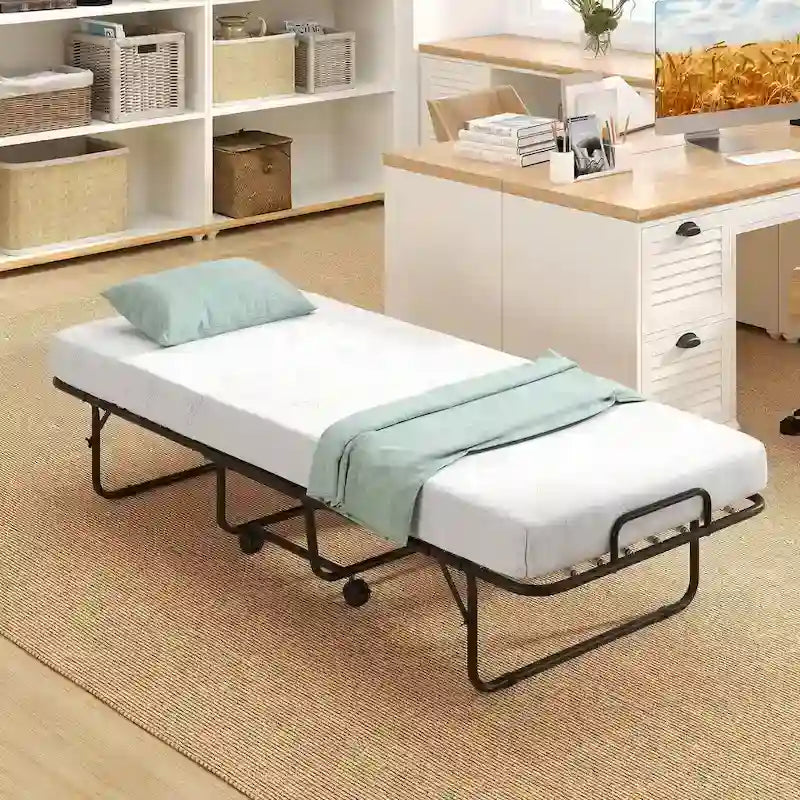 Cama Plegable con Ruedas y Colchón de Espuma Viscoelástica con Gel de 10 cm, Tamaño Cuna 74 x 31, Capacidad 220 kg