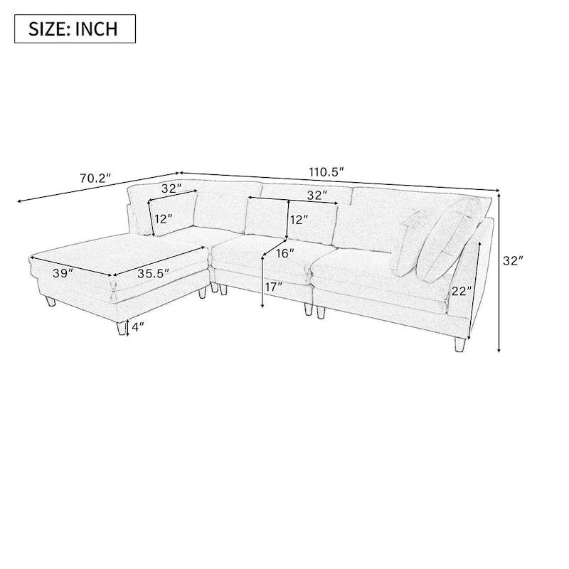 Sofá modular seccional con otomana y almohadas