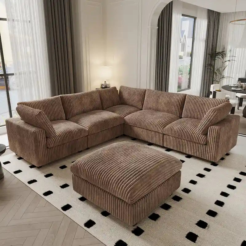 Modular Sectional Couch, Convertible V Shaped Sofa for Living Room, 5 Seat Comfy Modular Sofa With Chaise Ottoman