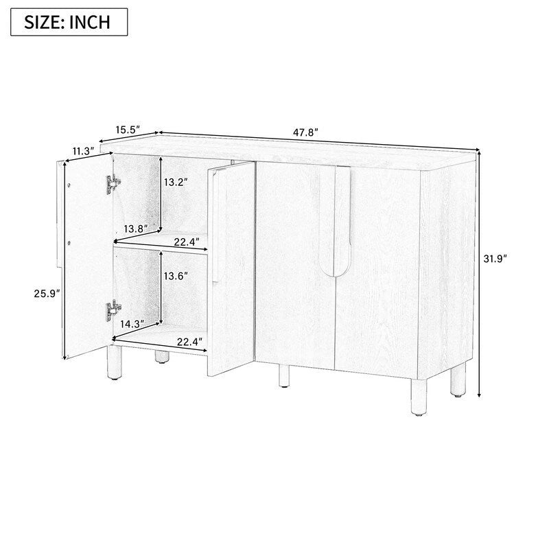 Mueble bufet de 4 puertas con estantes ajustables y tiradores en forma de arco