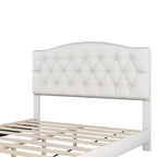 Base de cama tapizada con plataforma, cabecero curvo tipo silla de montar y detalles de rombos capitoné