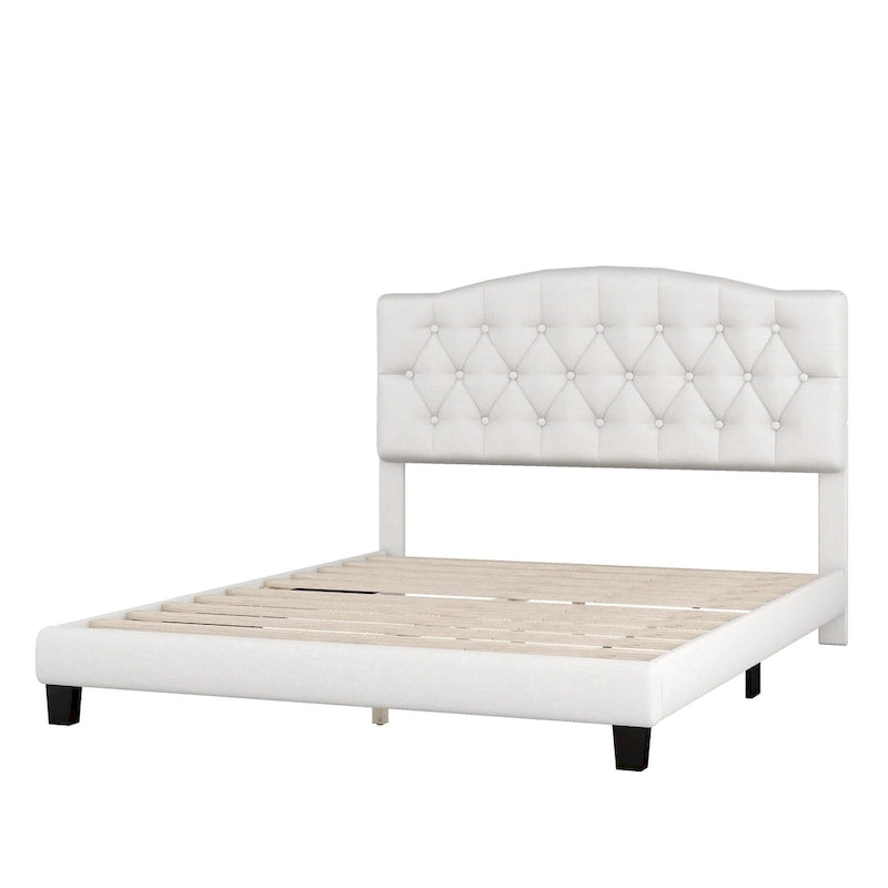 Base de cama tapizada con plataforma, cabecero curvo tipo silla de montar y detalles de rombos capitoné