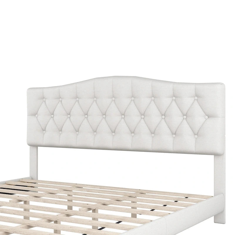 Base de cama tapizada con plataforma, cabecero curvo tipo silla de montar y detalles de rombos capitoné