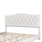 Base de cama tapizada con plataforma, cabecero curvo tipo silla de montar y detalles de rombos capitoné