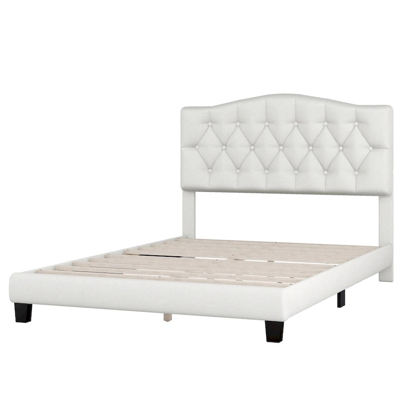 Base de cama tapizada con plataforma, cabecero curvo tipo silla de montar y detalles de rombos capitoné