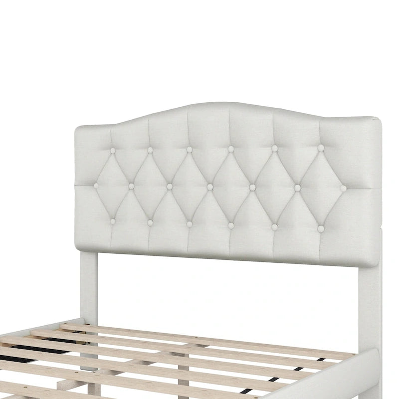 Base de cama tapizada con plataforma, cabecero curvo tipo silla de montar y detalles de rombos capitoné
