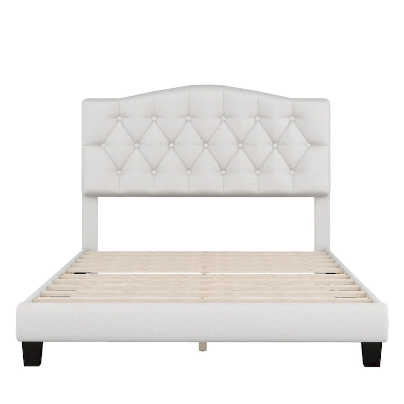 Base de cama tapizada con plataforma, cabecero curvo tipo silla de montar y detalles de rombos capitoné