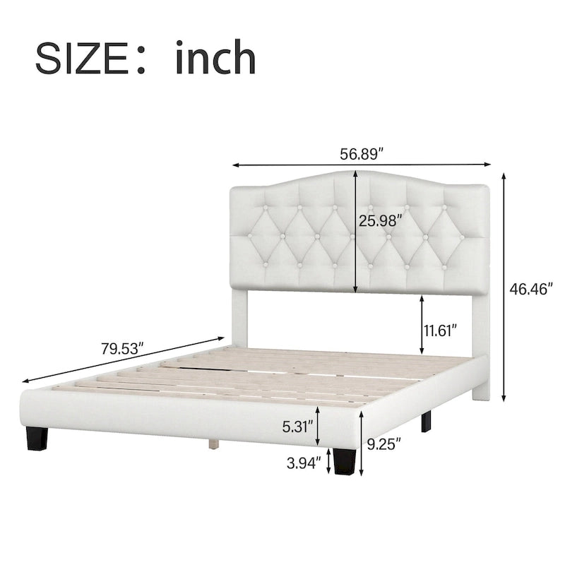 Base de cama tapizada con plataforma, cabecero curvo tipo silla de montar y detalles de rombos capitoné