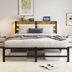 Base de cama de metal tamaño queen con cabecero de madera, luces RGB y estante de almacenamiento