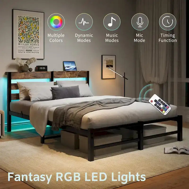 Base de cama de metal tamaño queen con cabecero de madera, luces RGB y estante de almacenamiento