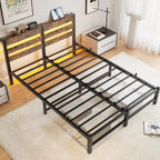 Base de cama de metal tamaño queen con cabecero de madera, luces RGB y estante de almacenamiento