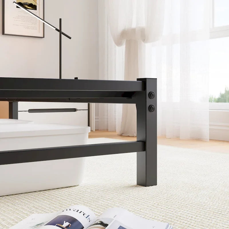 Base de cama de metal tamaño queen con cabecero de madera, luces RGB y estante de almacenamiento