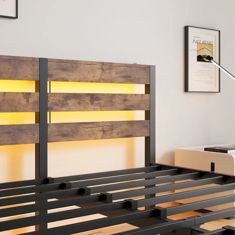 Base de cama de metal tamaño queen con cabecero de madera, luces RGB y estante de almacenamiento