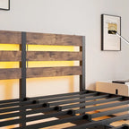 Base de cama de metal tamaño queen con cabecero de madera, luces RGB y estante de almacenamiento