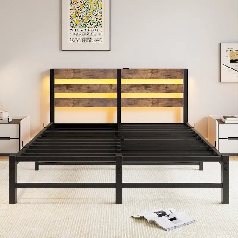 Base de cama de metal tamaño queen con cabecero de madera, luces RGB y estante de almacenamiento