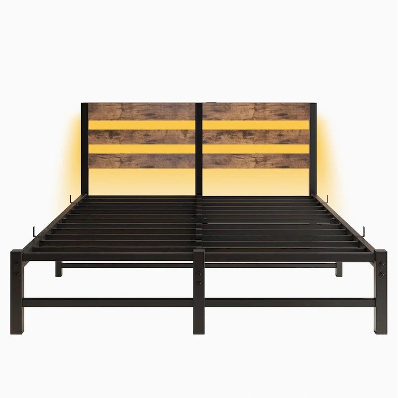 Base de cama de metal tamaño queen con cabecero de madera, luces RGB y estante de almacenamiento