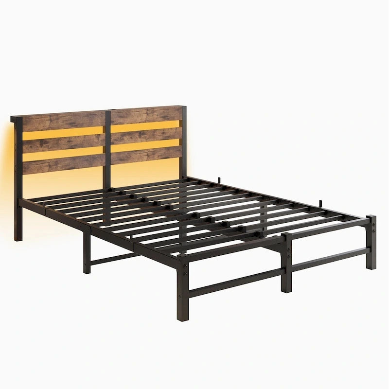 Base de cama de metal tamaño queen con cabecero de madera, luces RGB y estante de almacenamiento
