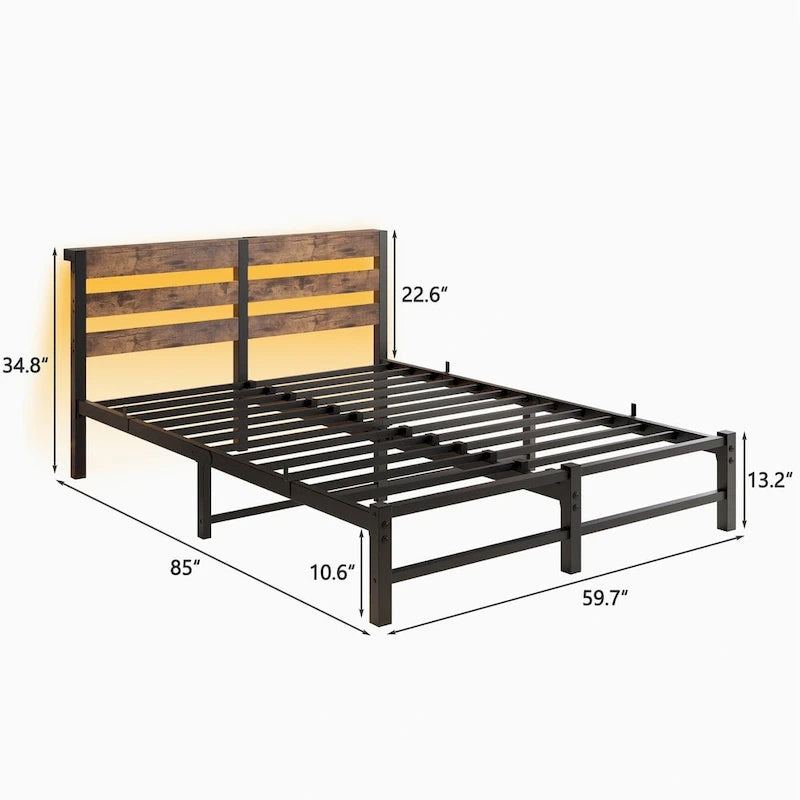 Base de cama de metal tamaño queen con cabecero de madera, luces RGB y estante de almacenamiento