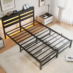 Base de cama metálica Queen con cabecero de madera, iluminación LED y cabecero con almacenamiento
