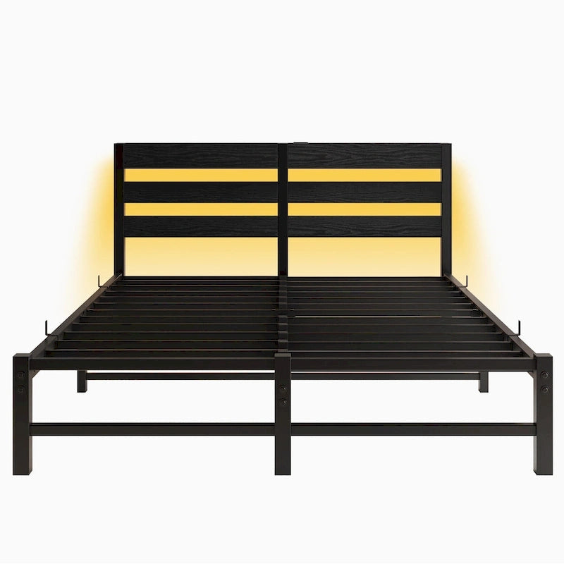Base de cama metálica Queen con cabecero de madera, iluminación LED y cabecero con almacenamiento