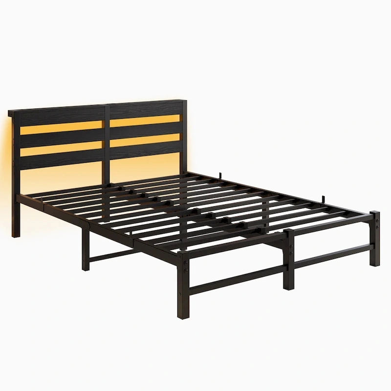 Base de cama metálica Queen con cabecero de madera, iluminación LED y cabecero con almacenamiento