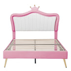 Cama tipo plataforma con cabecero de corona LED rosa con MDF, madera contrachapada, PU y estructura de metal – 272 kg de capacidad