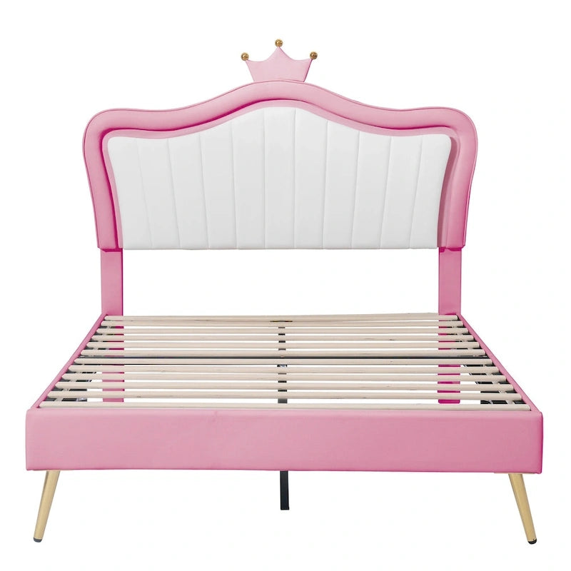 Cama tipo plataforma con cabecero de corona LED rosa con MDF, madera contrachapada, PU y estructura de metal – 272 kg de capacidad