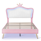 Cama tipo plataforma con cabecero de corona LED rosa con MDF, madera contrachapada, PU y estructura de metal – 272 kg de capacidad