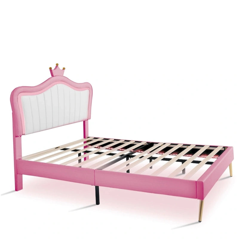 Cama tipo plataforma con cabecero de corona LED rosa con MDF, madera contrachapada, PU y estructura de metal – 272 kg de capacidad