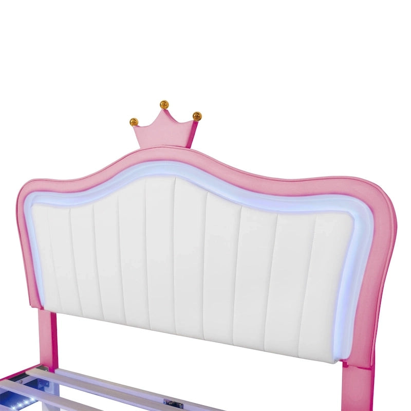Cama tipo plataforma con cabecero de corona LED rosa con MDF, madera contrachapada, PU y estructura de metal – 272 kg de capacidad