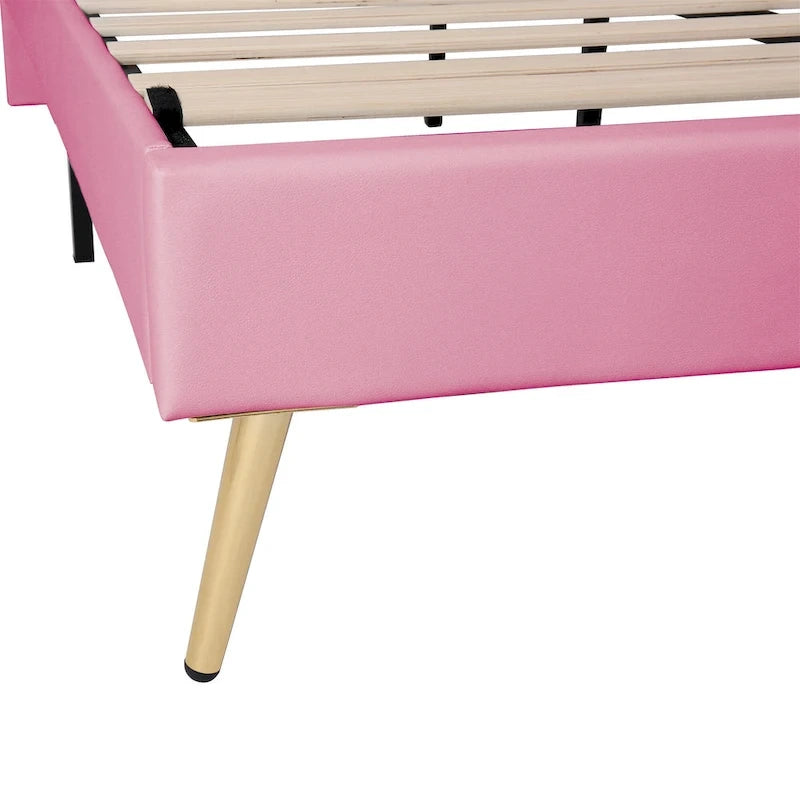 Cama tipo plataforma con cabecero de corona LED rosa con MDF, madera contrachapada, PU y estructura de metal – 272 kg de capacidad