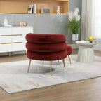 Sillón tapizado de barril color rojo vino con otomana y patas de metal