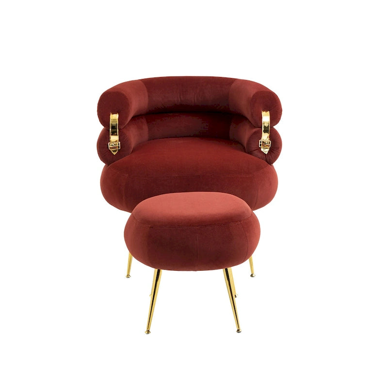 Sillón tapizado de barril color rojo vino con otomana y patas de metal