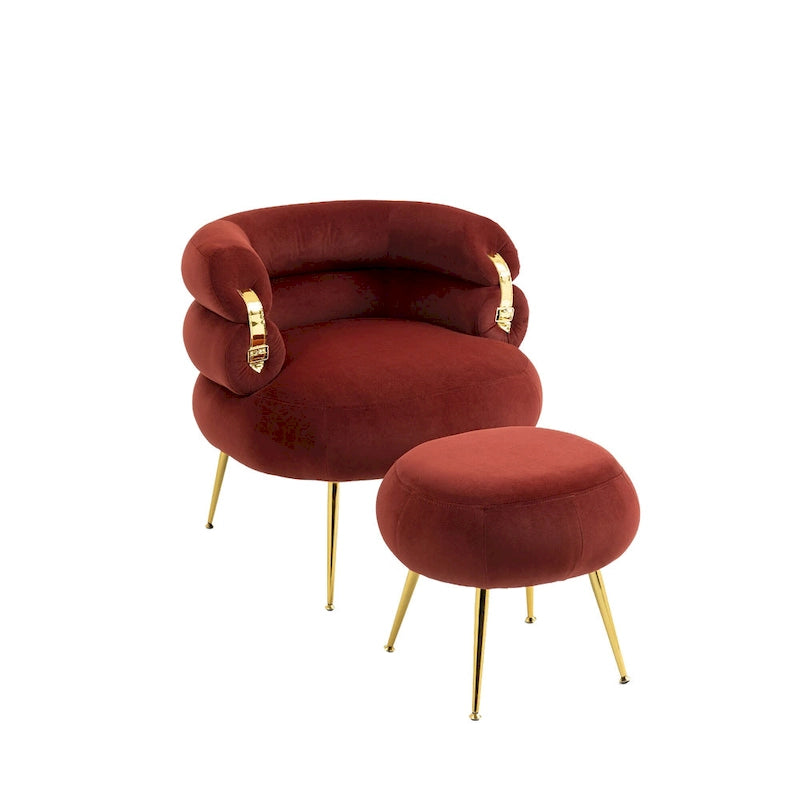 Sillón tapizado de barril color rojo vino con otomana y patas de metal