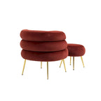 Sillón tapizado de barril color rojo vino con otomana y patas de metal
