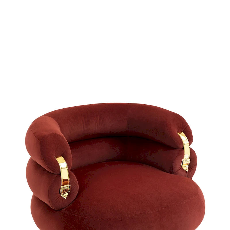 Sillón tapizado de barril color rojo vino con otomana y patas de metal