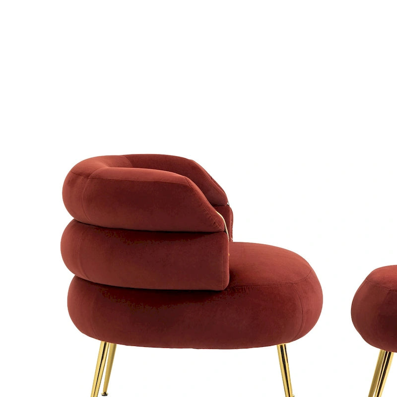 Sillón tapizado de barril color rojo vino con otomana y patas de metal
