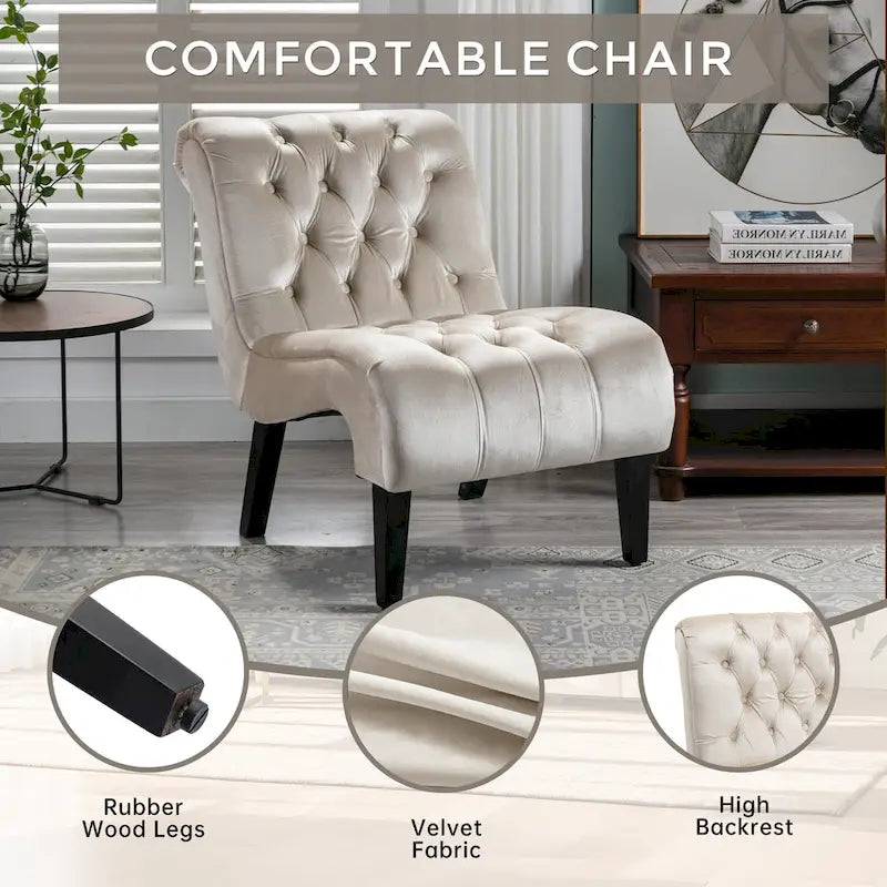 Sillón decorativo de terciopelo beige con capitoné y patas de madera