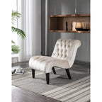 Sillón decorativo de terciopelo beige con capitoné y patas de madera