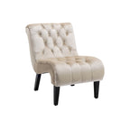 Sillón decorativo de terciopelo beige con capitoné y patas de madera