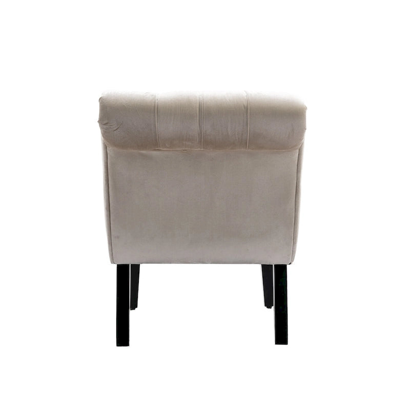 Sillón decorativo de terciopelo beige con capitoné y patas de madera