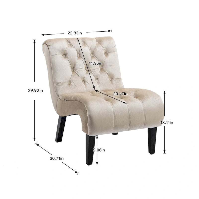 Sillón decorativo de terciopelo beige con capitoné y patas de madera