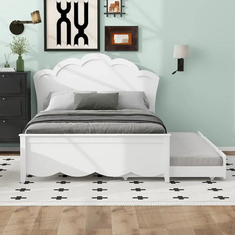 Cama de plataforma de madera tamaño matrimonial con cabecero y cama nido individual