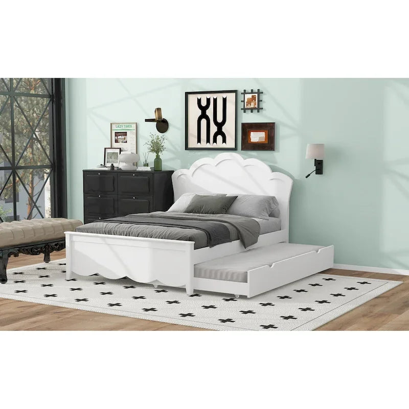Cama de plataforma de madera tamaño matrimonial con cabecero y cama nido individual