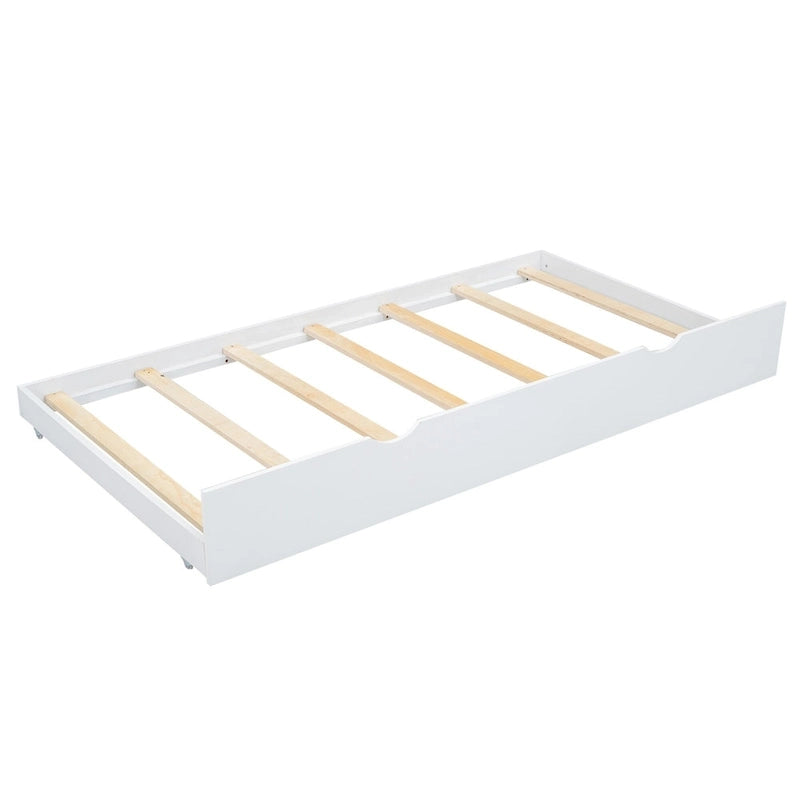 Cama de plataforma de madera tamaño matrimonial con cabecero y cama nido individual