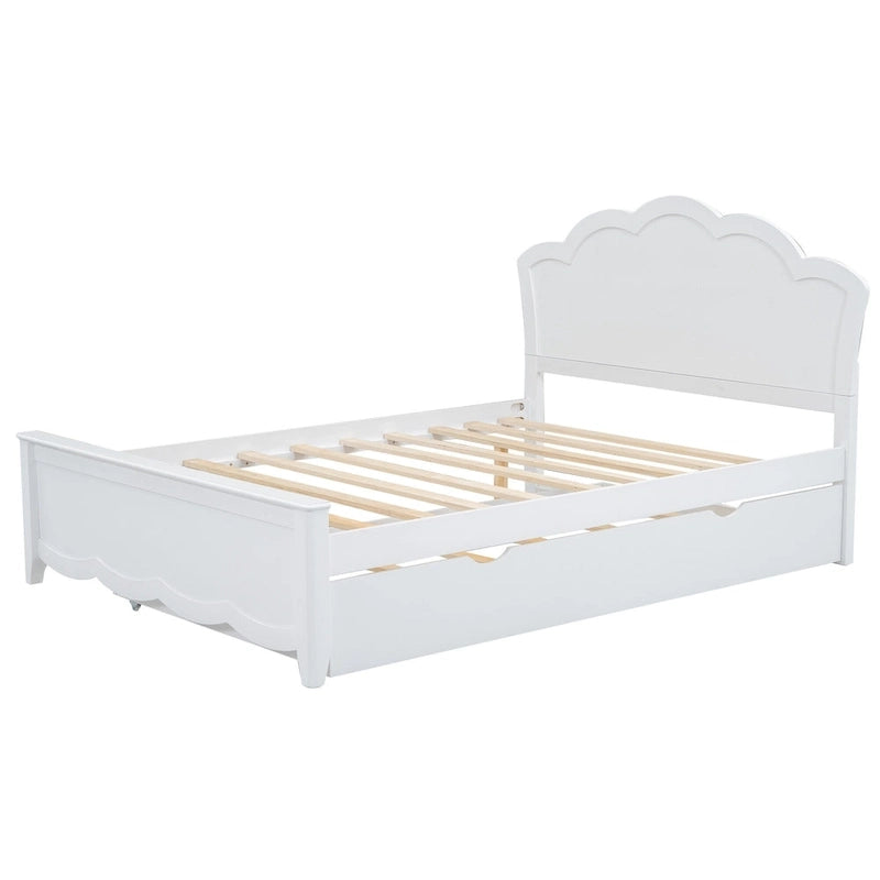 Cama de plataforma de madera tamaño matrimonial con cabecero y cama nido individual