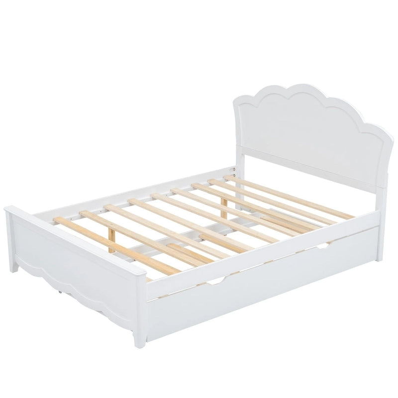 Cama de plataforma de madera tamaño matrimonial con cabecero y cama nido individual